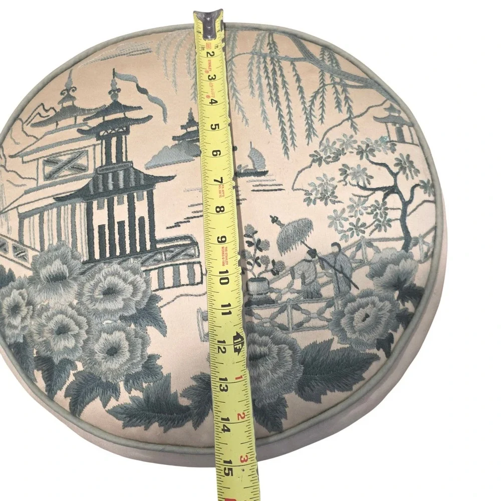 Vintage Asian Round Silk Embroidered Pillow Pagoda Landscape Style Green 14.5in